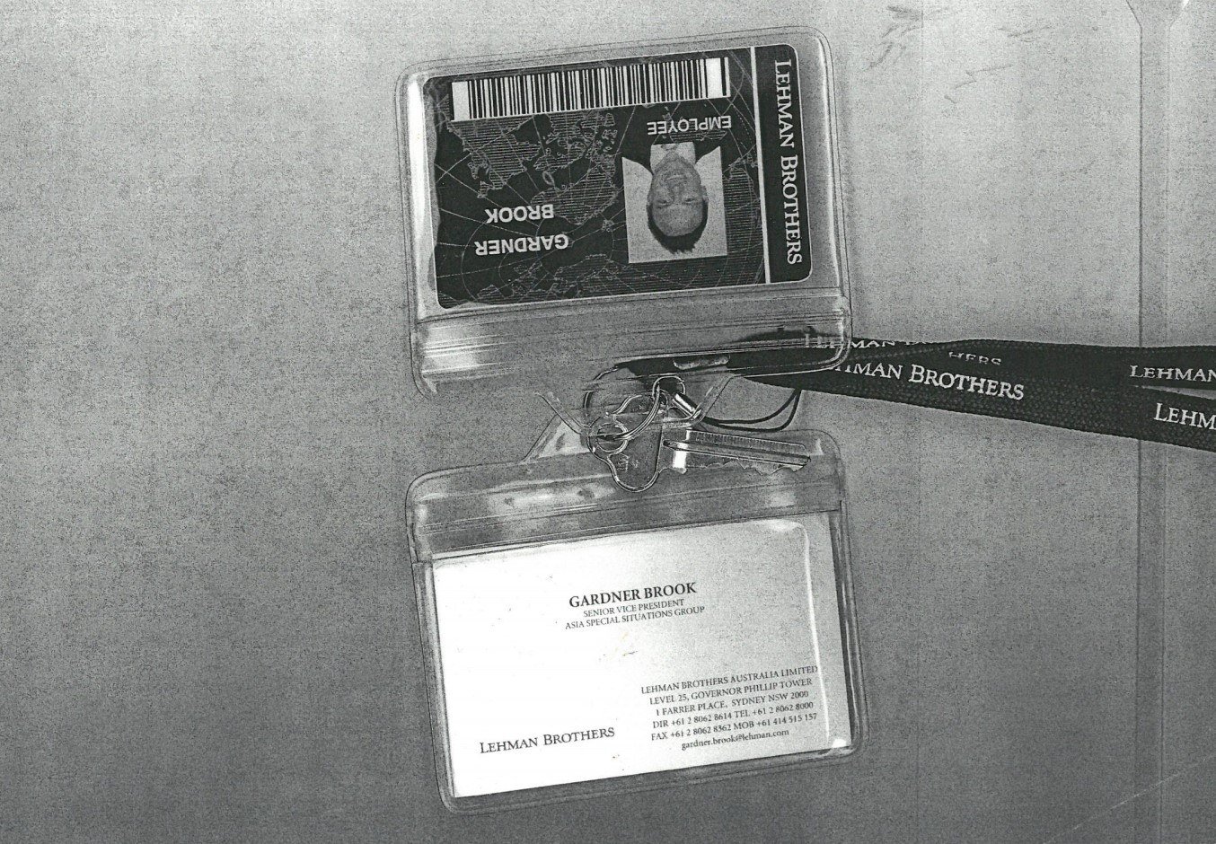 Lehman Brothers employee ID and business card — Gardner Brook, Senior Vice President, Asia Special Situations Group, Lehman Brothers Australia