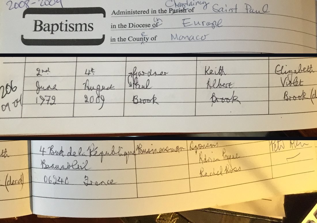 Baptism register, St Paul’s Church, Monaco (Diocese in Europe), 2009 — Mr Brook’s own entry, cropped from the page to protect other families’ entries; then resident on Boulevard de la République, Beausoleil — 140 metres from the Monaco border